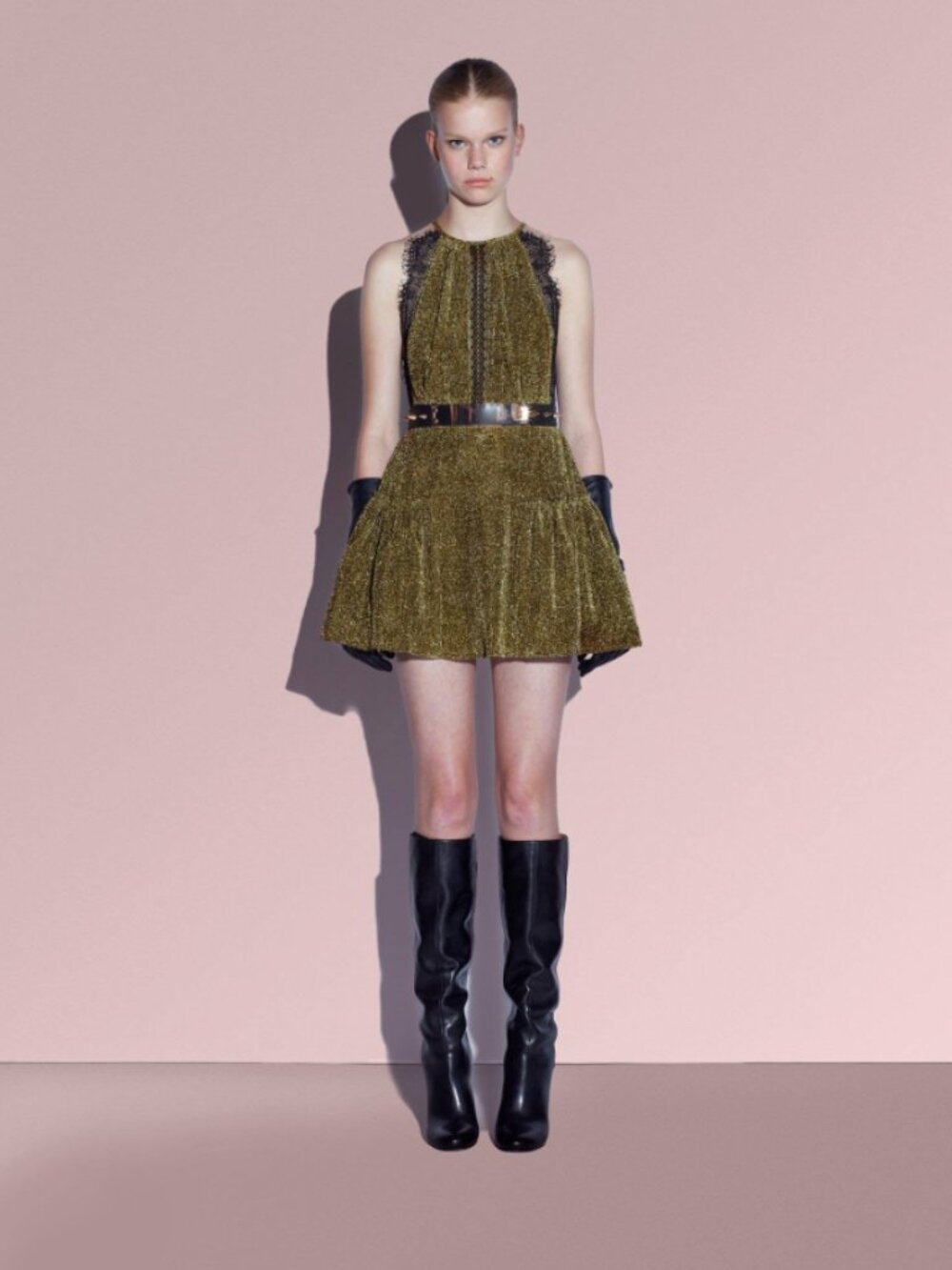 Three Floor Gold Metallic Knit Dress with Black Lace Trim